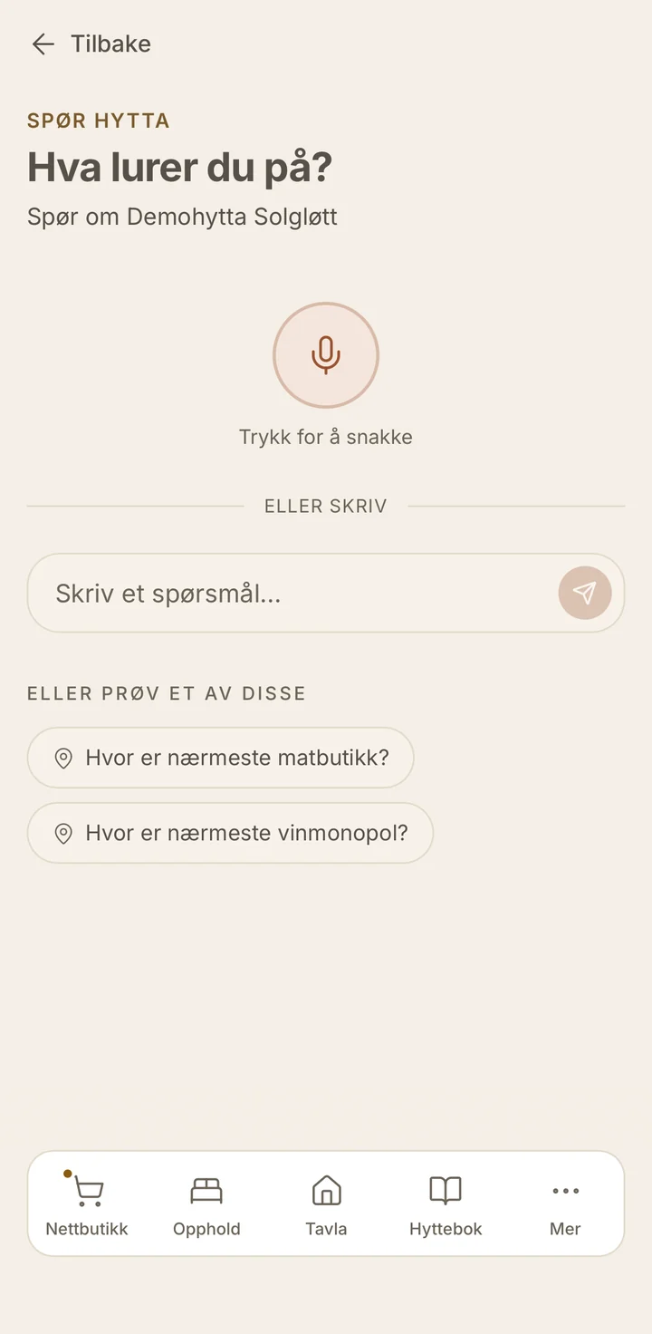Spørrefunksjonen i LUMO med tale, tekst og forslag til spørsmål